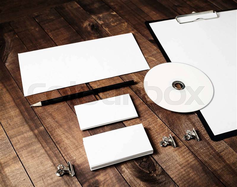 Blank stationery template on vintage wooden table background. Mock-up for branding identity. Blank template for design portfolios, stock photo