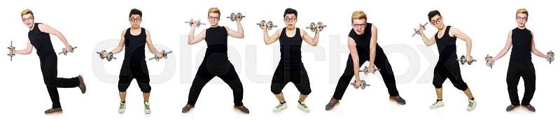 Man with dumbbells isolated on white, stock photo