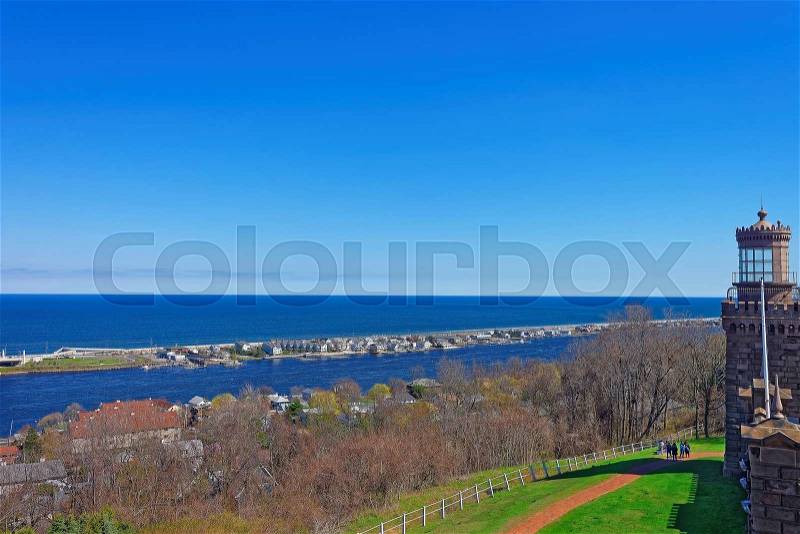 Houses and Atlantic Ocean shore from light house at Sandy Hook. Sandy Hook is in New Jersey, USA, stock photo