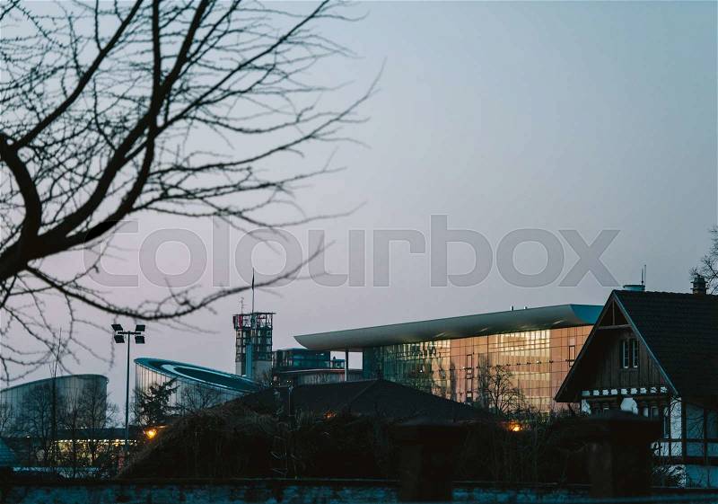 European Court of human Rights and Agora building seen at dusk - Strasbourg, France, stock photo