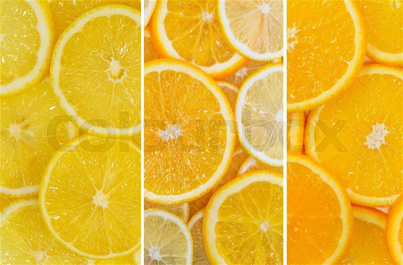Fruit mix of lemon and orange fruit texture close-up, stock photo