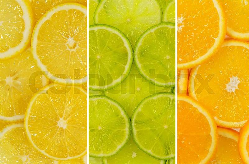 Fruit mix of lemon, lime and orange fruit texture close-up, stock photo