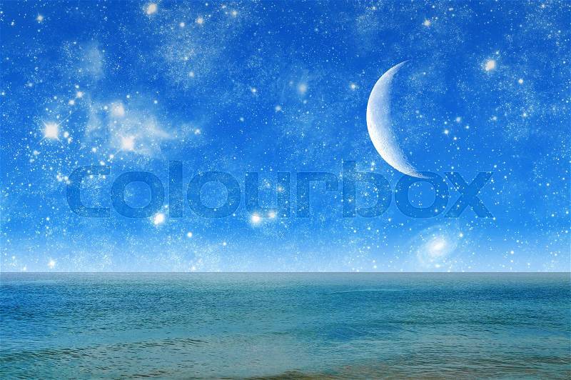 Beautiful night landscape night sea and starry sky with the moon, stock photo