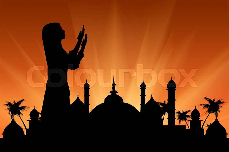 Concept of the Islamic religion. Silhouette of praying woman against the backdrop of the town hall at sunset, stock photo