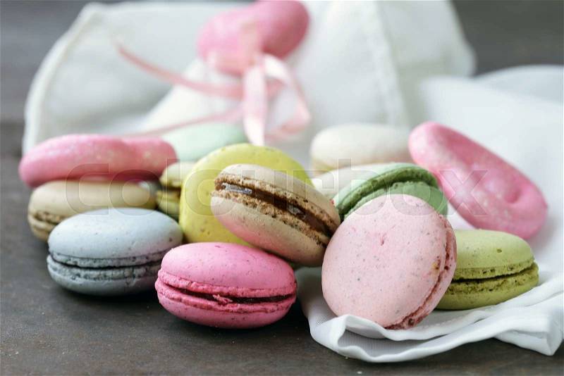 Multicolored French almond cookies macaroons romantic dessert, stock photo