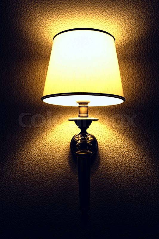 Interior with lighting lantern on wall in the dark, stock photo