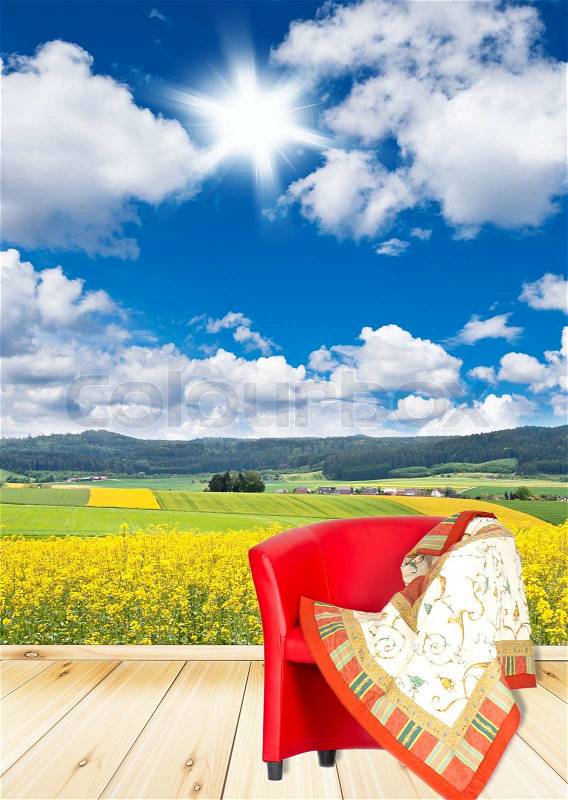 Wooden terrace with view of cloudy blue sky, stock photo