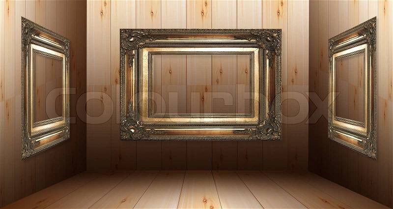 Wooden interior with golden frames, stock photo