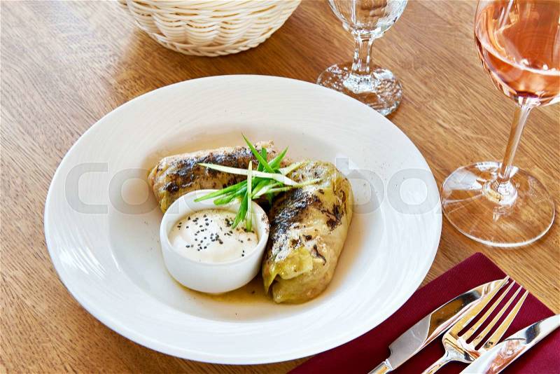Cabbage rolls on dinner table in the restaurant, stock photo