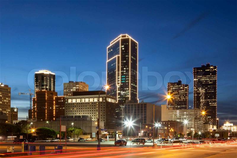 Downtown of Fort Worth illuminated at night. Texas, United States of America, stock photo