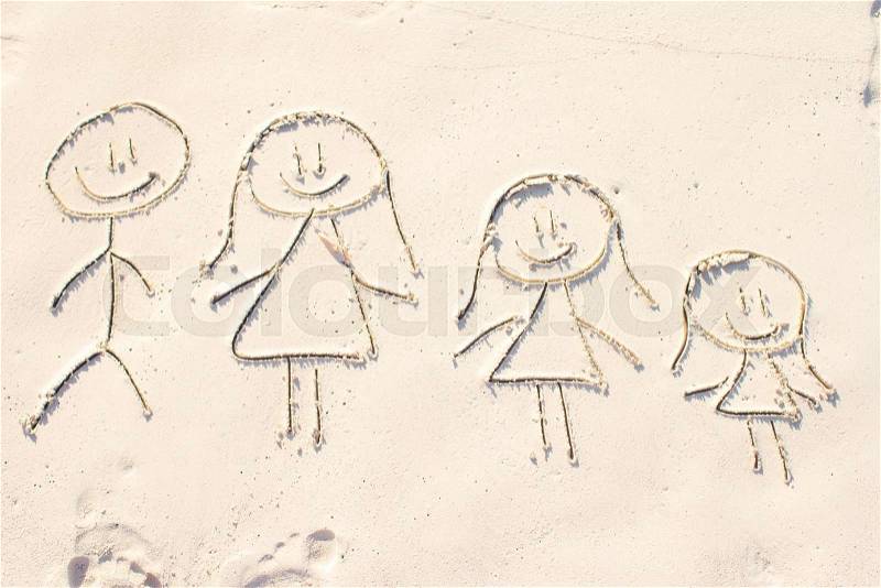 Family symbol drawn on beach white sand, stock photo