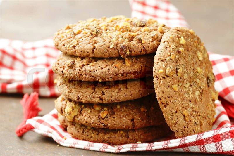 Homemade round cookies with nuts and oatmeal, stock photo