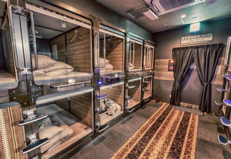 TOKYO - JUNE 1, 2016: Interior of capsule hotel in city center. Capsule Hotels are less expensive structures very famous in Tokyo, stock photo