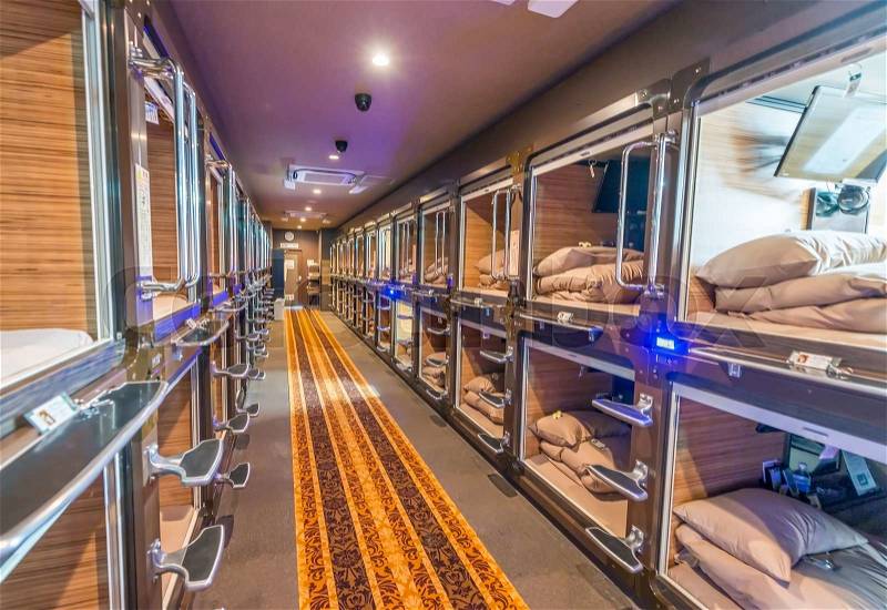 TOKYO - JUNE 1, 2016: Interior of capsule hotel in city center. Capsule Hotels are less expensive structures very famous in Tokyo, stock photo