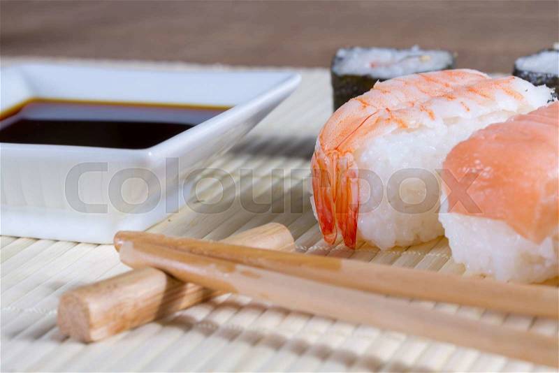 Salmon sushi nigiri on a table closeup, stock photo
