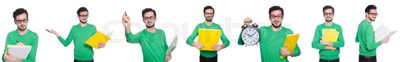 Collage of student with books on white, stock photo