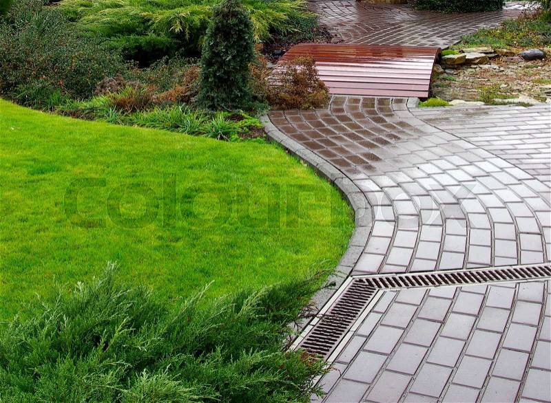 Garden stone path with grass growing up between the stones, stock photo