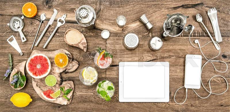 Food blogger desk with bar tools, accessories and electronic devices. Flat lay background, stock photo
