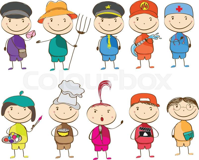 Set of ten children with different professions. postman, farmer, police, fireman, doctor, artist, chef, singer, director, teacher, vector