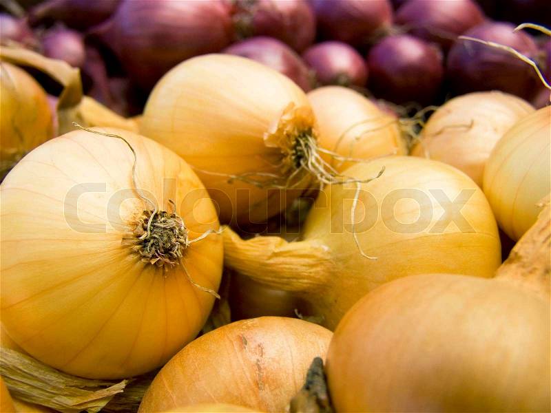 A pile of beautiful bulb onions on a counter, stock photo