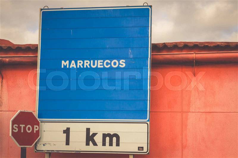 Road sign indicating the border of a Africa country: Morocco, stock photo