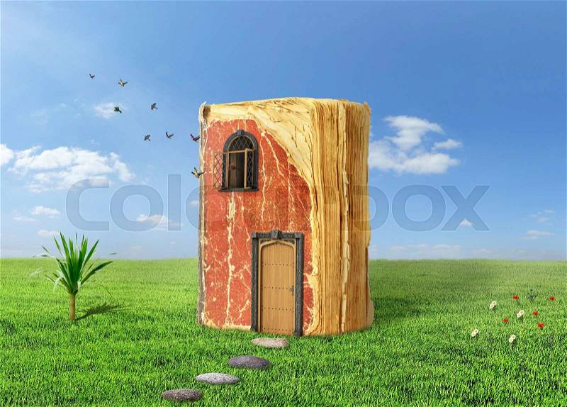 Concept of reading. Magic book with door and shining window. Book stay on grass, birds fly out of the window. Concept of dreaming, stock photo