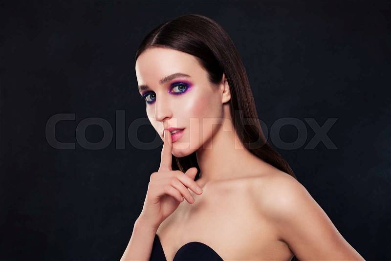 Glamorous Woman Fashion Model. Hand Touching Lips , stock photo