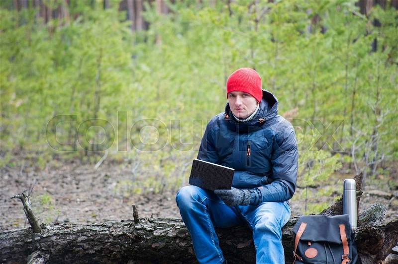 A man traveling in a pine forest, stock photo