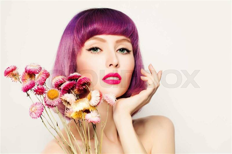 Fashion Model Woman with Coloring Hair and Flowers, stock photo