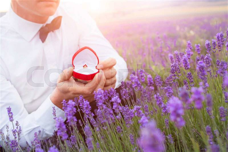 Elegant young man proposing with an engagement ring at lavender field with the focus on the ring, stock photo