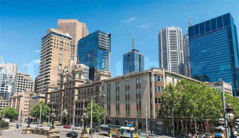 Melbourne skyline looking towards Flinders Street Station. Australia, stock photo