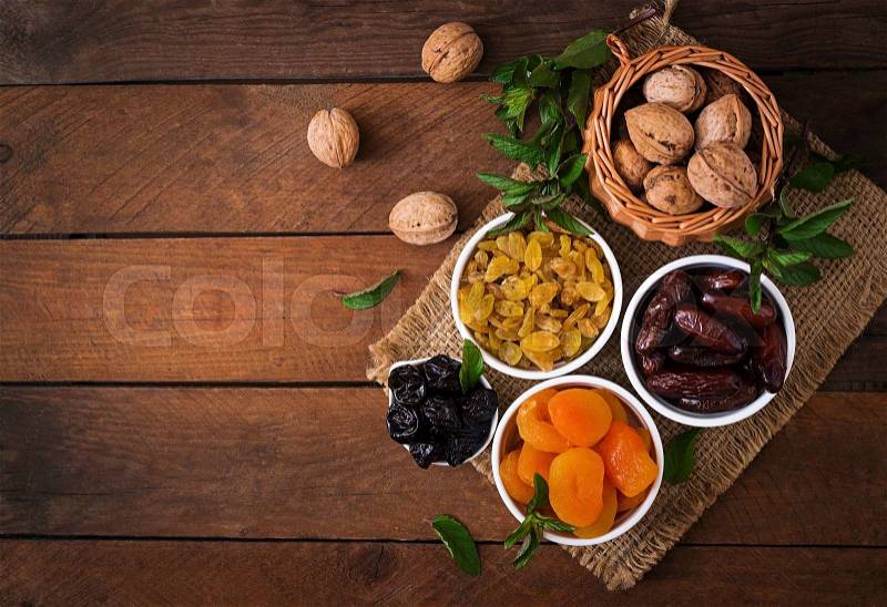 Mix dried fruits (date palm fruits, prunes, dried apricots, raisins) and nuts. Ramadan (Ramazan) food, stock photo