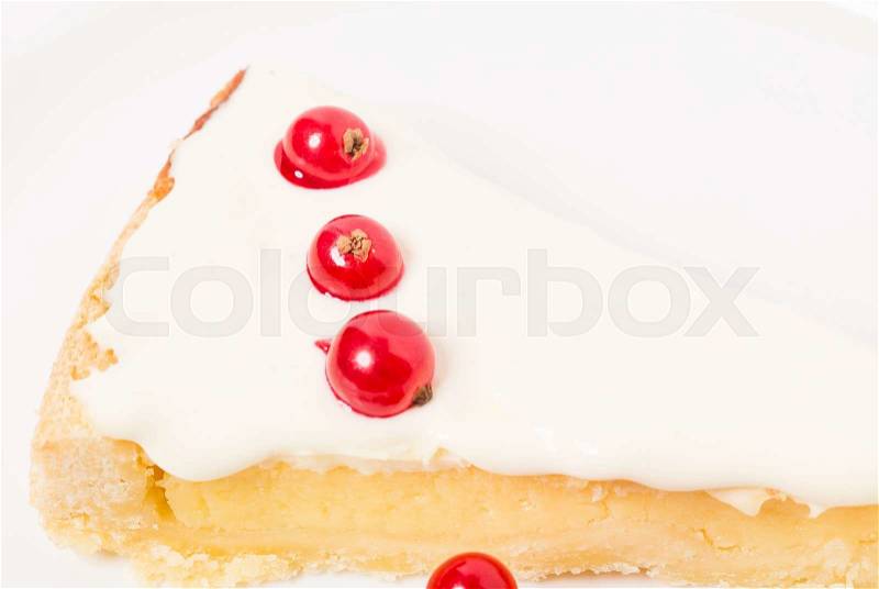 Lemon pie with sweet cream and red currant. Macro. Photo can be used as a whole background, stock photo