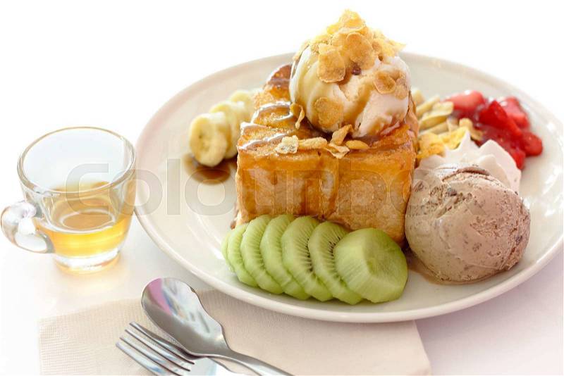 Honey toast and whipping cream with ice cream on white, stock photo