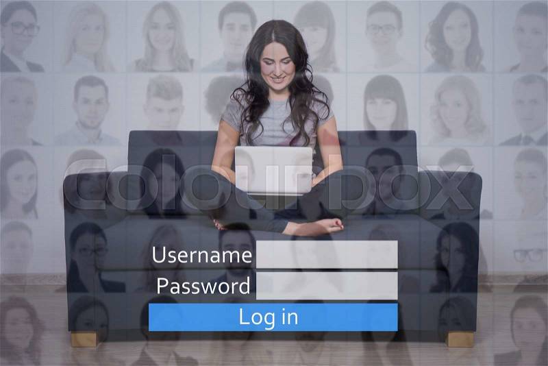 Login concept - young woman with computer registering account in social network, stock photo