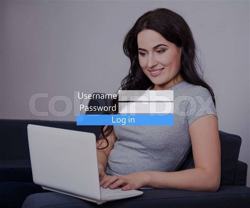 Young beautiful woman registering email or account in social network with laptop, stock photo