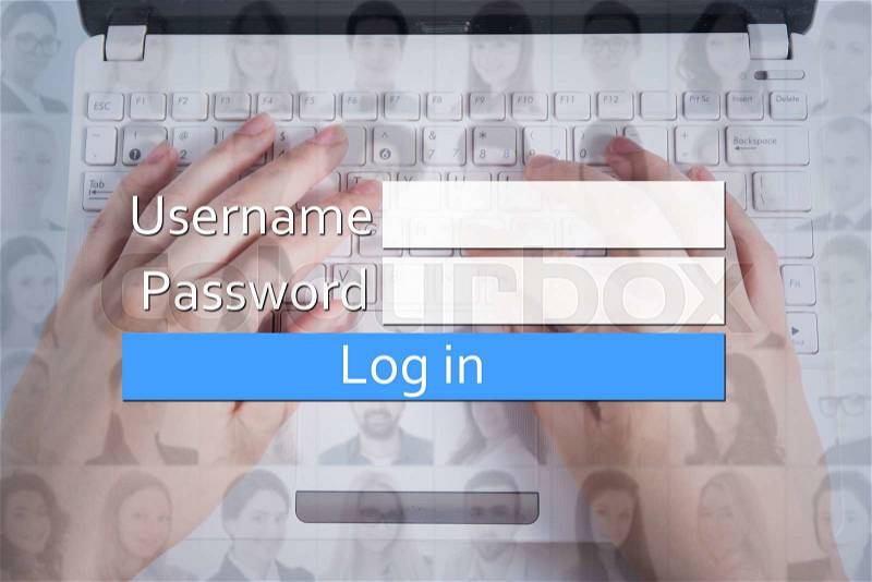 Internet and social network concept - login box, people faces and hands on keyboard, stock photo