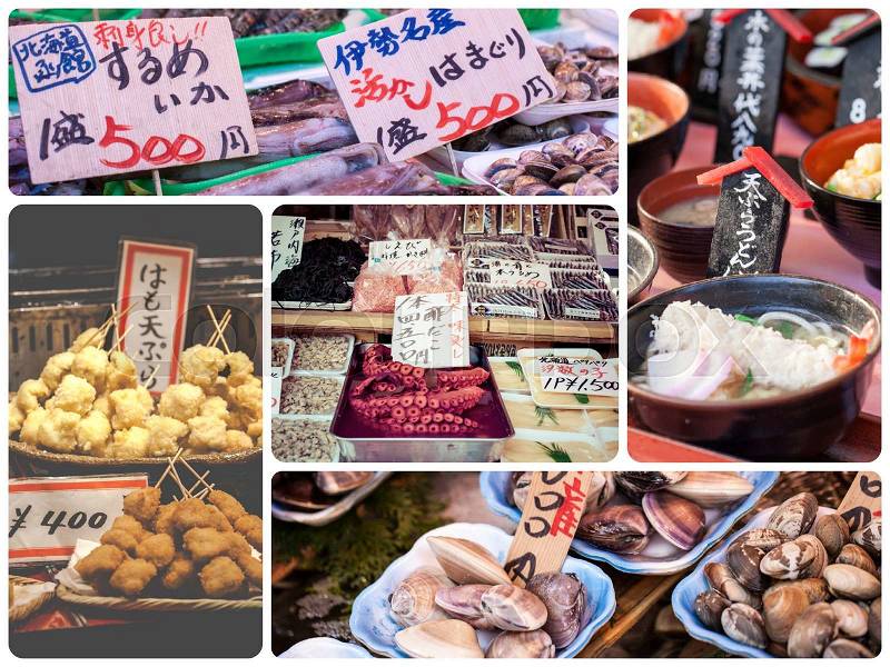 Collage of Japan food images - travel background (my photos), stock photo