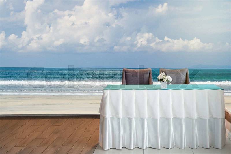 Reception counter with sea and blue sky background, stock photo