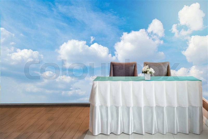 Reception counter with blue sky background, stock photo