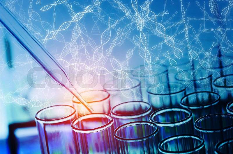 Science laboratory test tubes with DNA sign background, stock photo