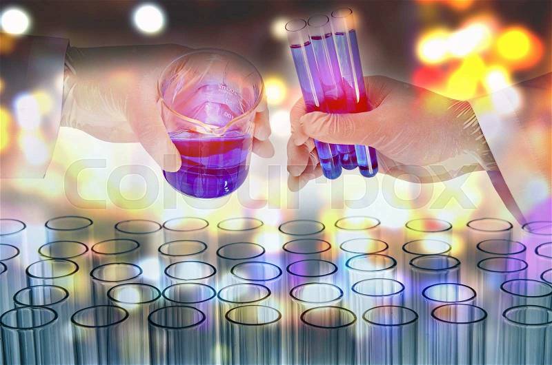 Double exposure of scientist hand holding laboratory test tube, stock photo