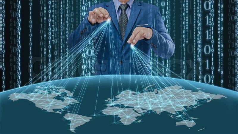 Businessman control the world with digital signal background, stock photo
