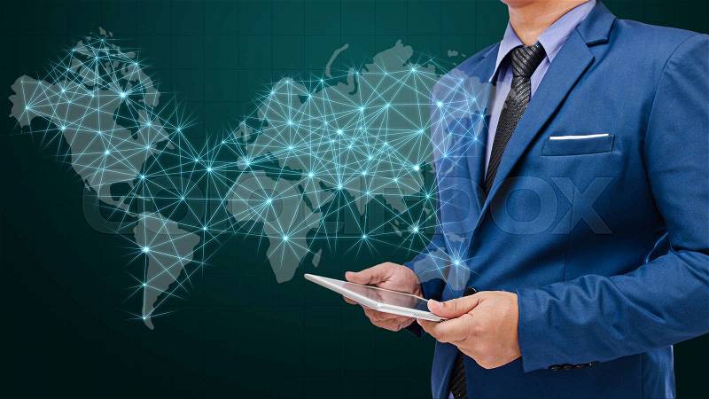 Business man with visual world map screen , business concept, stock photo