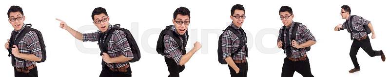 Young employee with backpack isolated on white, stock photo