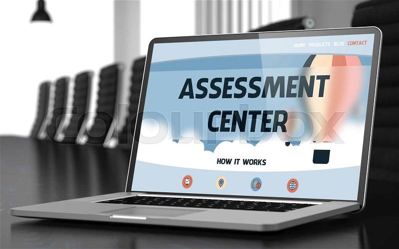 Assessment Center - Landing Page with Inscription on Mobile Computer Display on Background of Comfortable Meeting Room in Modern Office. Closeup View. Blurred. Toned Image. 3D Rendering, stock photo
