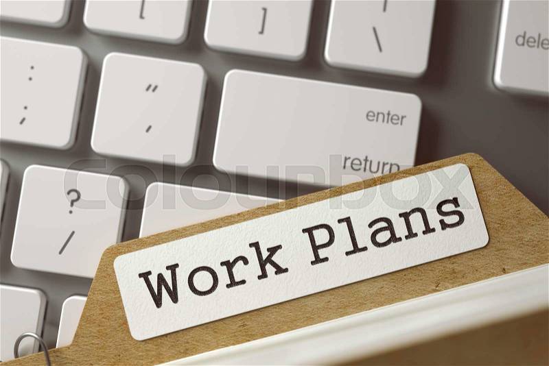 Work Plans Concept. Word on Folder Register of Card Index. File Card Lays on Modern Metallic Keyboard. Closeup View. Blurred Toned Image. 3D Rendering, stock photo