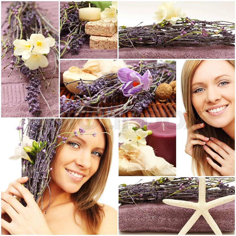 Spa and wellness collage - beautiful woman face, cosmetic and flowers, stock photo