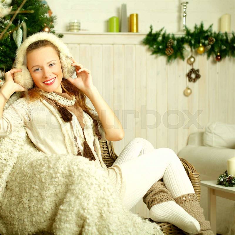 Christmas beautiful fashion woman on vintage Provence style background, stock photo