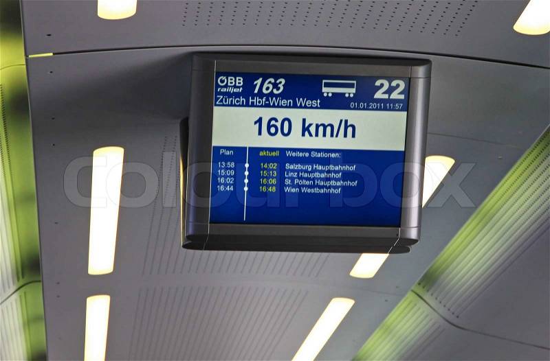 Electronic schedule board in the Austrian Federal Railways (OBB) train, stock photo